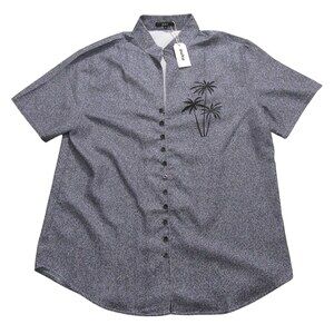 NWT Ouku Mens Loop Button Up Shirt XL Gray Allover Geometric Band Collar Resort